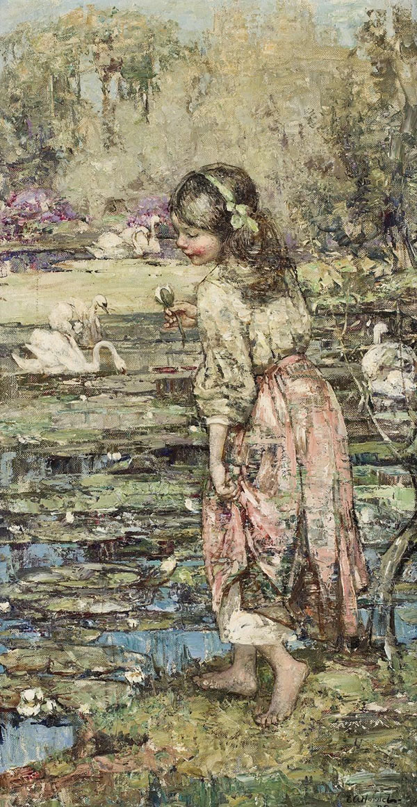Girl and Swans by Edward Atkinson Hornel | Oil Painting Reproduction