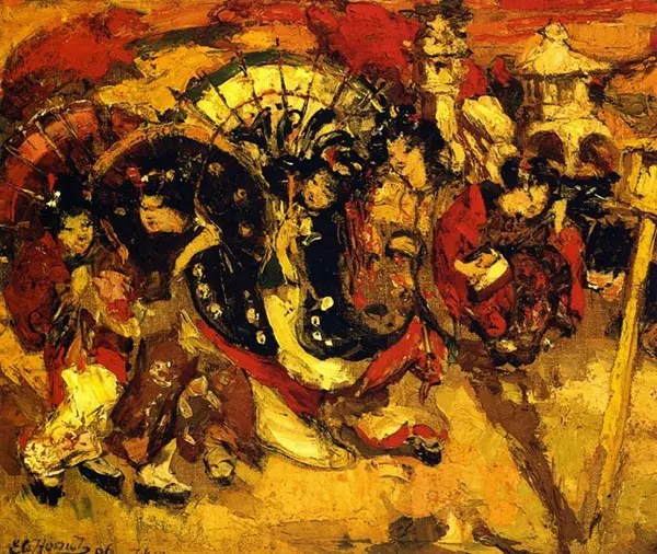 Japanese Figures in a Garden By Edward Atkinson Hornel