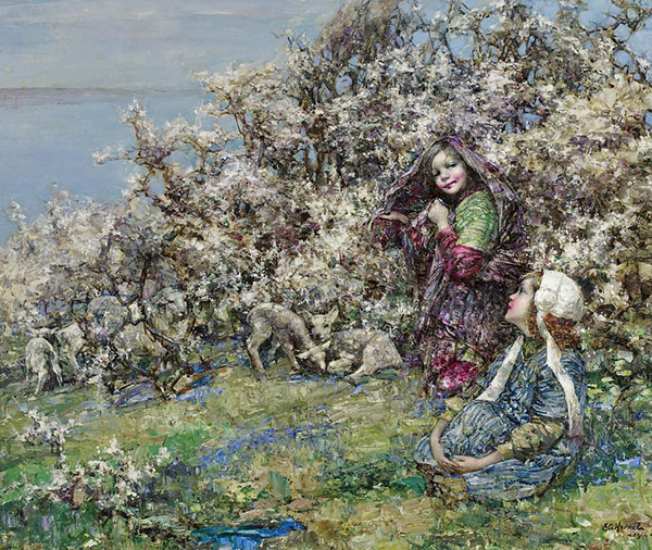 Lambs and Blossom by Edward Atkinson Hornel | Oil Painting Reproduction