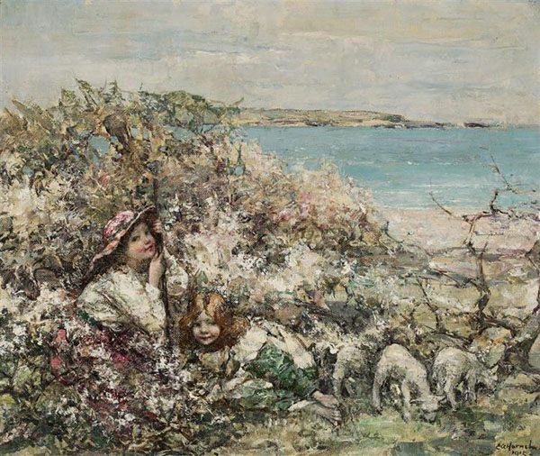 Two Girls and Lambs at Brighouse Bay | Oil Painting Reproduction