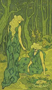 Two Girls in Front of Orpheus Gold Head Women in The Forest By Paul-Elie Ranson