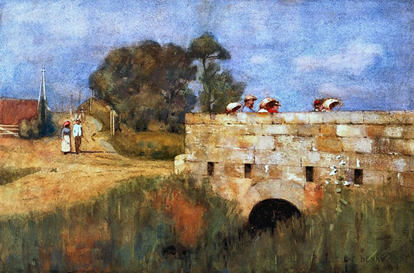 Fieldworkers Crossing a Bridge by George Henry | Oil Painting Reproduction