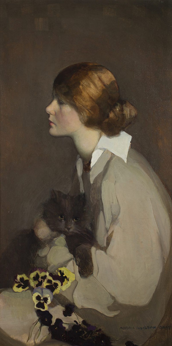 Young Woman with Cat by Norah Neilson Gray | Oil Painting Reproduction