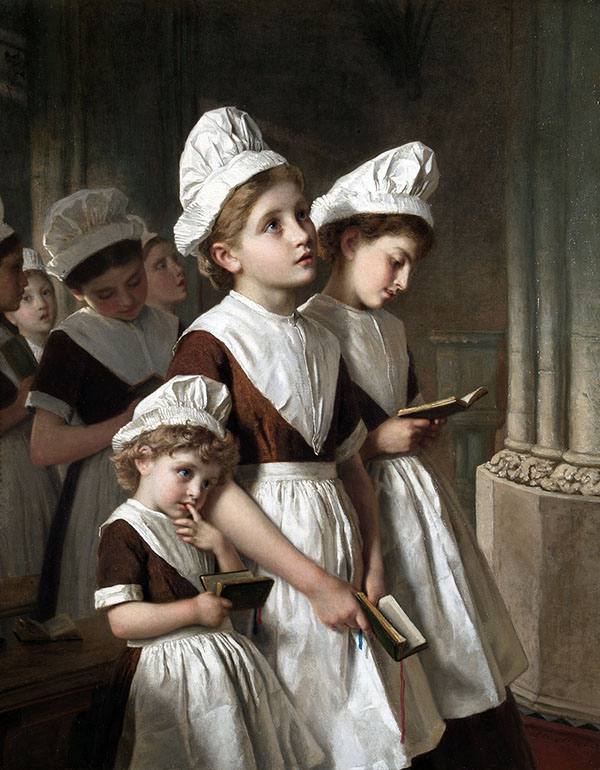 Founding Girl in The Their School Dresses at Prayer in The Chapel | Oil Painting Reproduction