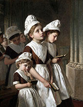 Founding Girl in The Their School Dresses at Prayer in The Chapel By Sophie Gengembre Anderson