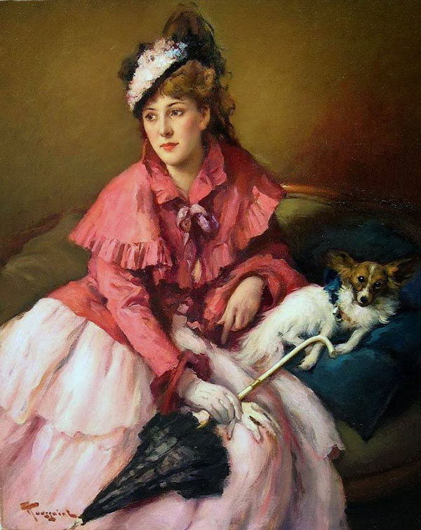 Lady in White Dress with Dog | Oil Painting Reproduction