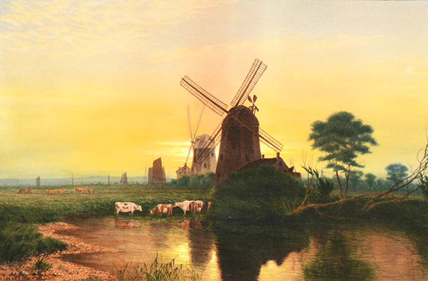 Farm Landscape with Windmills by Henry Farrer | Oil Painting Reproduction