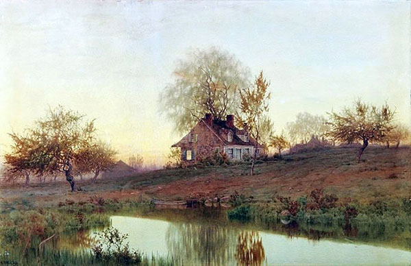 Houses in The Orchard Twilight by Henry Farrer | Oil Painting Reproduction