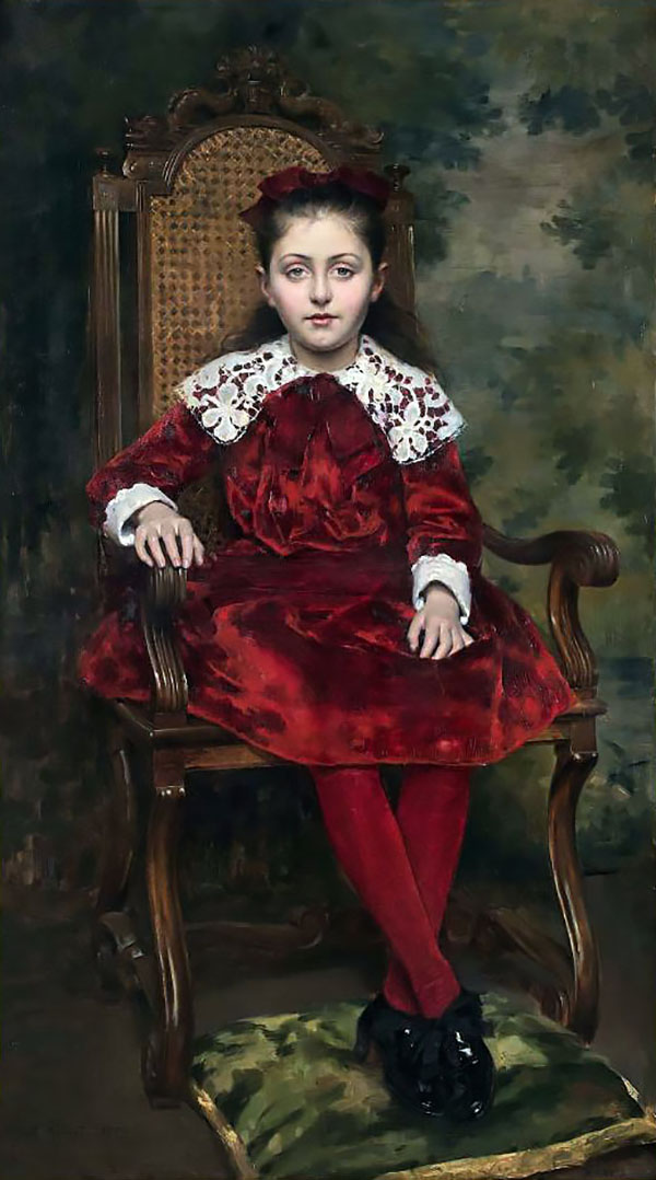 Portrait De Jeune Fille a La Robe De Velours Rouge Assise Sur Un Fauteuil | Oil Painting Reproduction