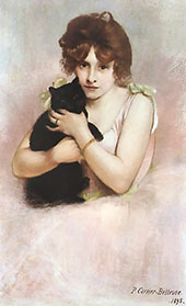 Young Ballerina Holding a Black Cat By Pierre Carrier Belleuse