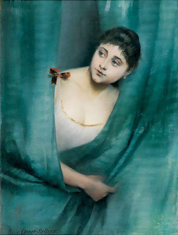 Young Woman Behind The Blue Curtain | Oil Painting Reproduction