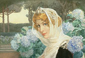 Young Woman with Hortensias By Elisabeth Sonrel