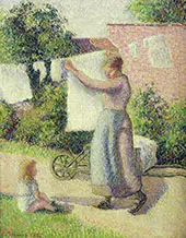 Woman Hanging Laundry By Camille Pissarro