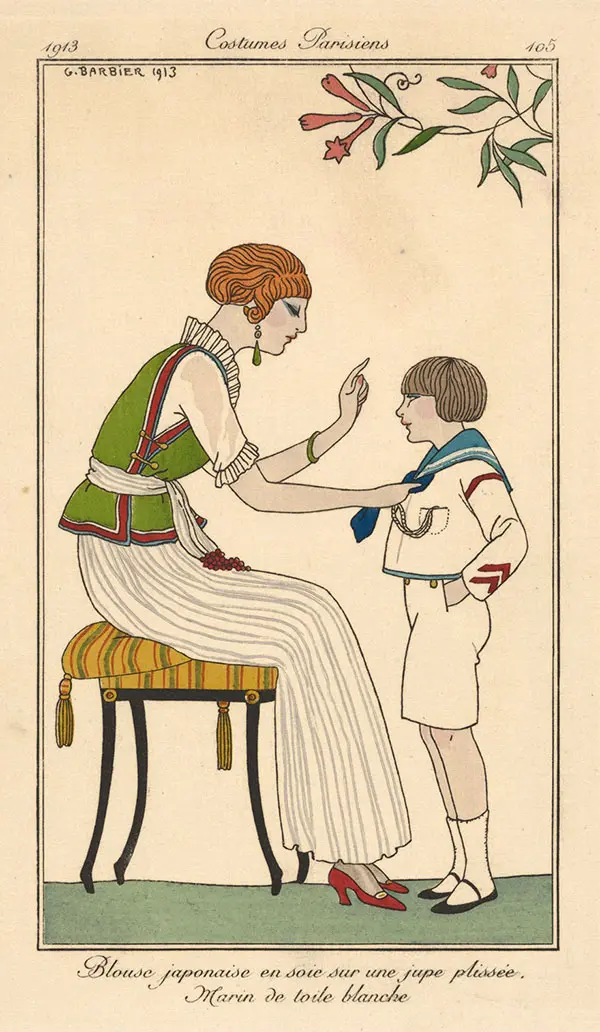 Blouse Japonaise en Soie sur une Jupe Plissee Marin de Toile Blanche By George Barbier