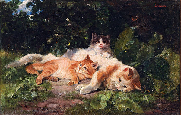 Cat with her Kittens by Julius Adam | Oil Painting Reproduction