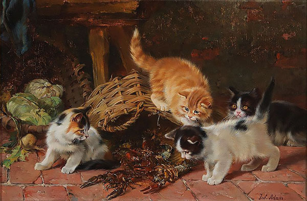 Kittens and Crayfish by Julius Adam | Oil Painting Reproduction