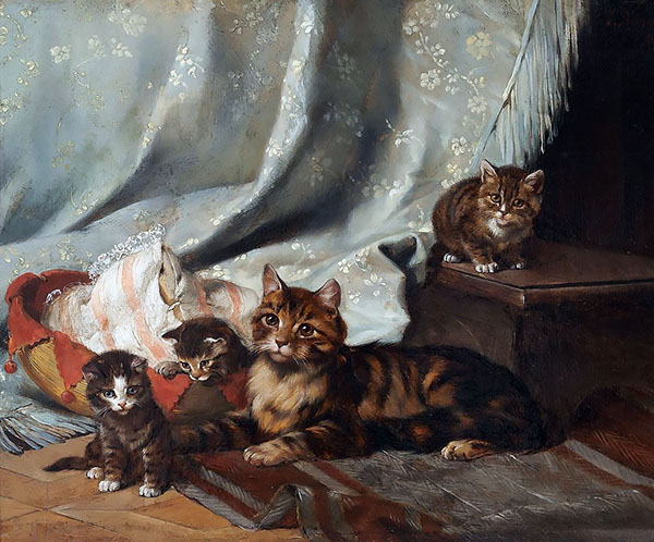 Mother Cat and her Three Kittens | Oil Painting Reproduction