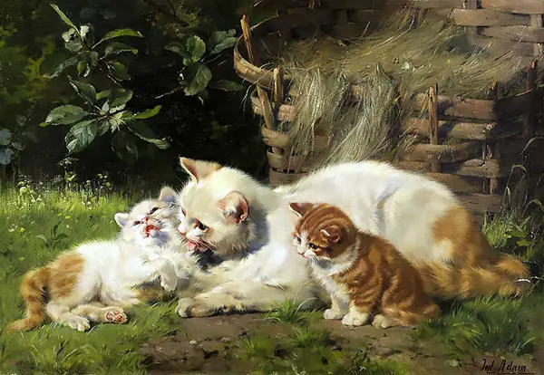 Mother Cat with her Two Kittens By Julius Adam