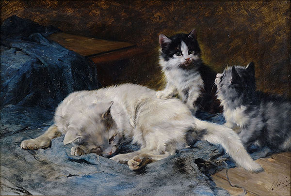 Mother Cat with Two Kittens by Julius Adam | Oil Painting Reproduction