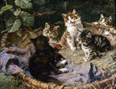Kittens Frolicking in a Basket By Julius Adam