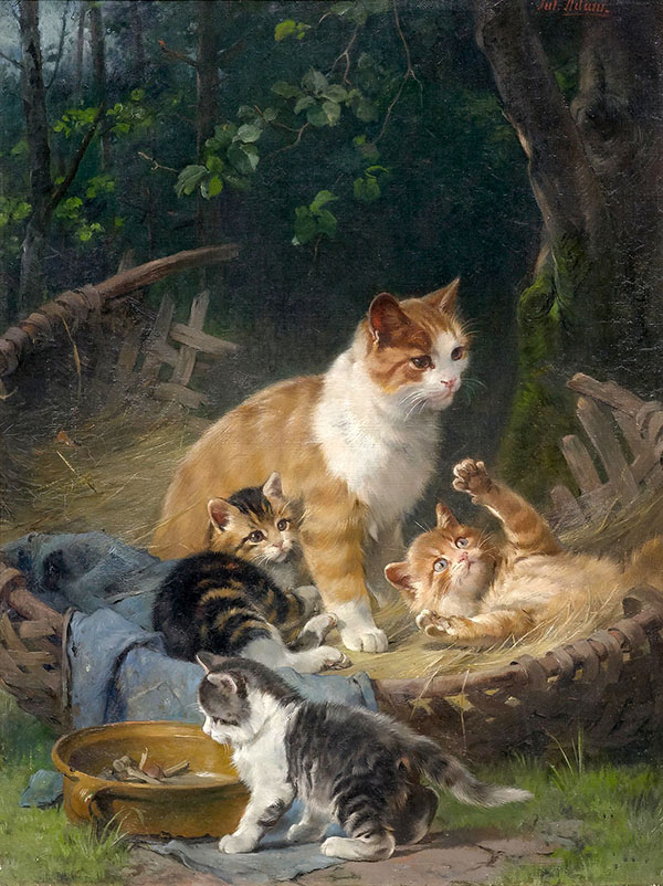 Playing Kittens in The Basket by Julius Adam | Oil Painting Reproduction