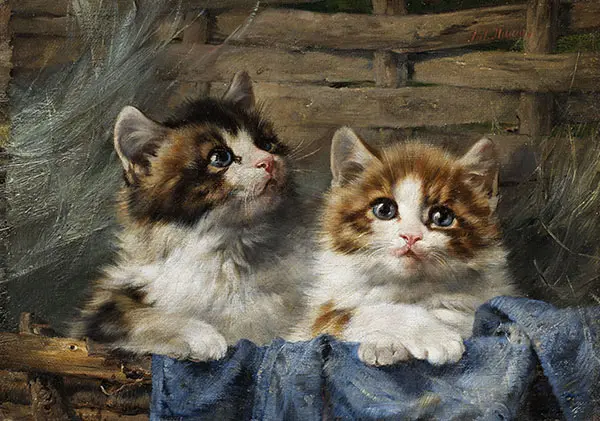 Two Kittens in a Basket with Blue Cloth By Julius Adam