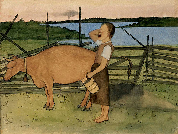 Morning Milking by Hugo Simberg | Oil Painting Reproduction