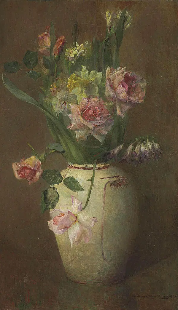 Spring Flowers with Roses Daffodils and Larkspur By Maria Oakey Dewing