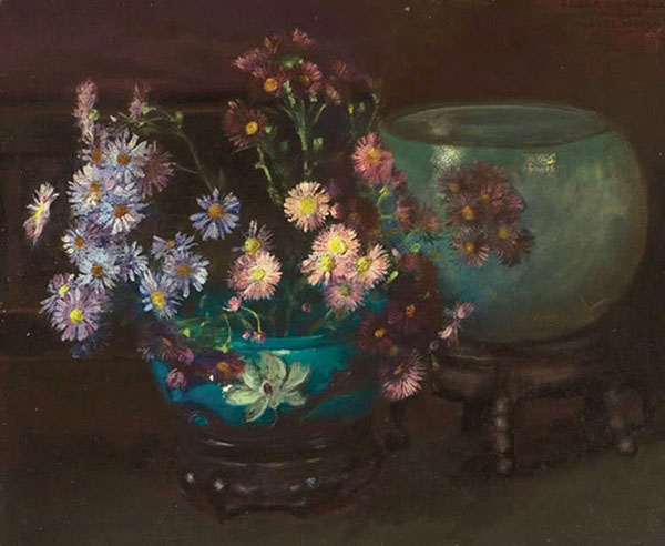 Flowers and Blue Vases by Albert Herter | Oil Painting Reproduction