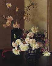 Still Life with an Ovoid Vase a Famille Rose Punch Bowl and Roses By Albert Herter