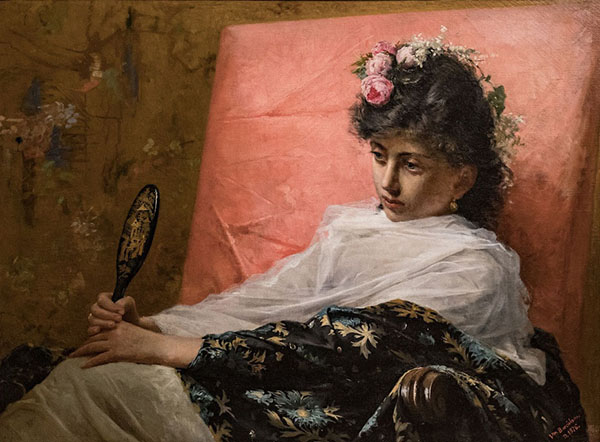 Woman with Roses in Hair Holding a Hand Mirror | Oil Painting Reproduction
