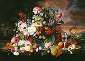 Still Life of Flowers and Fruit with a River Landscape in The Distance By Severin Roesen