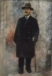 Portrait of a Standing Man in Black Coat and Hat By Friedl Dicker-Brandeis