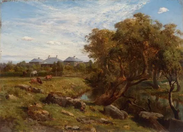 Terrinallum House and Emu Creek from near the lower Garden Gate By Louis Buvelot
