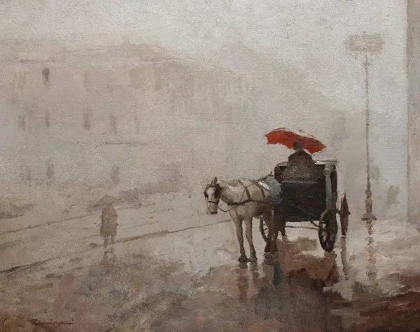 A Coach and Horse on a Rainy Day By Giuseppe Amisani