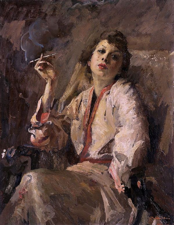 Lady with Cigarette by Giuseppe Amisani | Oil Painting Reproduction