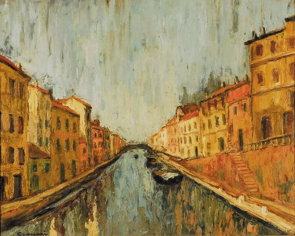 Milan View of the Canals by Giuseppe Amisani | Oil Painting Reproduction