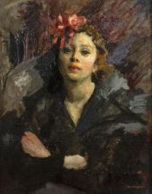 Portrait of a Woman with Bow By Giuseppe Amisani