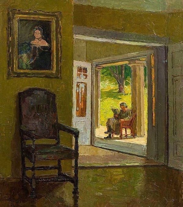 Interior of the Villa Mahler with Reading Lady on the Veranda | Oil Painting Reproduction