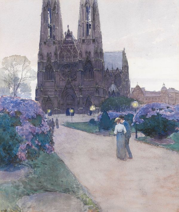 Stroll in the Gardens of the Votivkirche Vienna | Oil Painting Reproduction