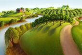 American River Valley Orchard Homestead and River By Grant Wood