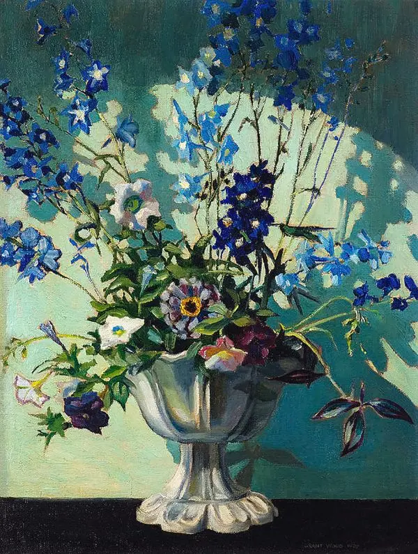 Delphiniums in a White Vase By Grant Wood