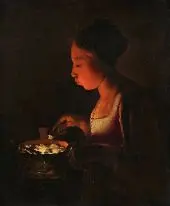 A Girl Blowing on a Brazier By Georges de La Tour