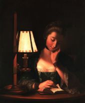 Woman Reading by a Paper Bell Shade By Henry Morland