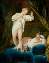 Two Girls on a Bed Playing with their Dogs By Jean Honore Fragonard