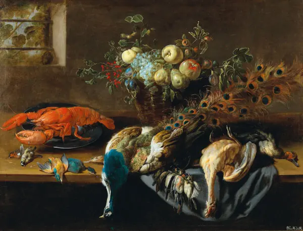 Still Life with Peacock Fruit and Birds By Adriaen Van Utrecht