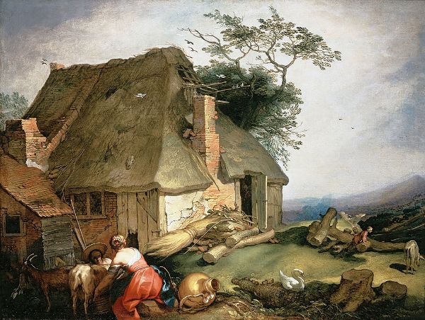 A Cottage with Peasants Milking Goats | Oil Painting Reproduction