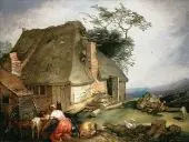 A Cottage with Peasants Milking Goats By Abraham Bloemaert