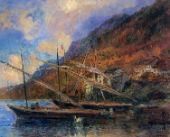 Boats by the Banks of Lake Geneva at Saint Gingolph By Albert Lebourg