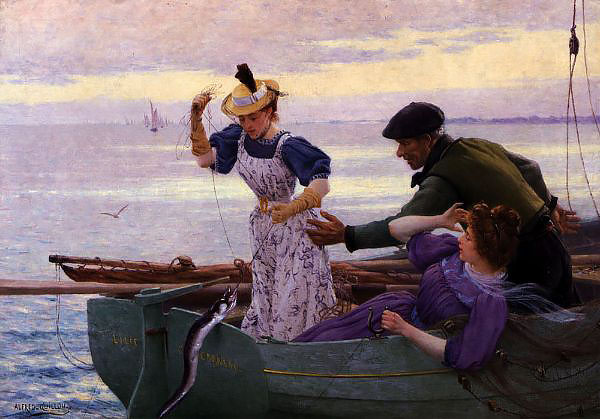 Her First Catch by Alfred Guillou | Oil Painting Reproduction